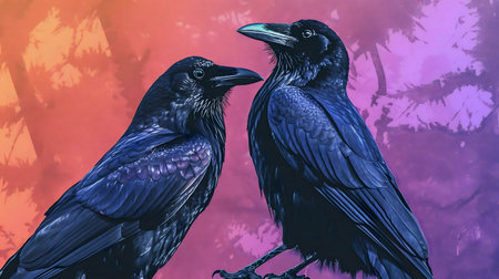 Two majestic ravens perched together, against a vibrant, abstract background. A captivating image.の写真素材