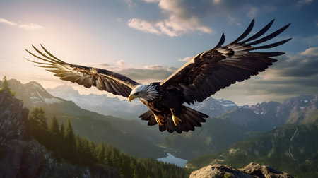 A majestic bald eagle in flight over a breathtaking mountain range at sunset. The scene is full of power and serenity.の写真素材