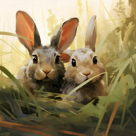 Two adorable rabbits nestled in tall grass, showing innocence and calm.の写真素材