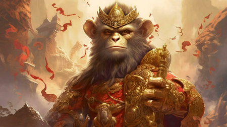 A powerful Monkey King, adorned in gold and red, stands amidst a mystical landscape.