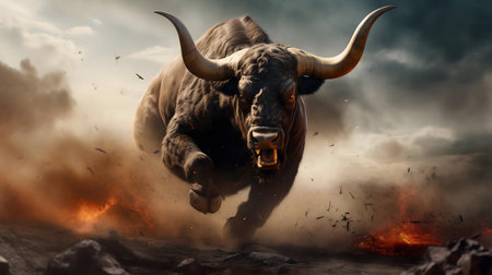 A furious bull charges forward, dust and fire swirling around it. Power and untamed nature.