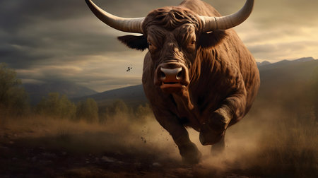 A powerful bull charges across a dusty landscape with mountains in the background.