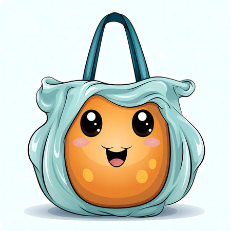 A cute cartoon tote bag with a happy face illustrationの写真素材