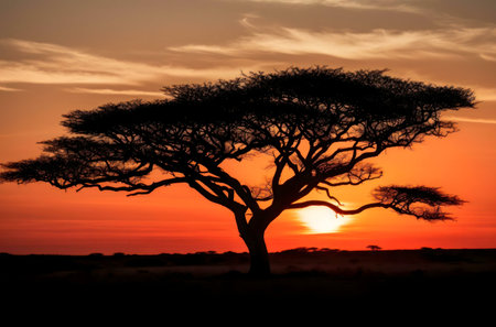 Silhouette of an acacia tree during a vibrant African sunset.