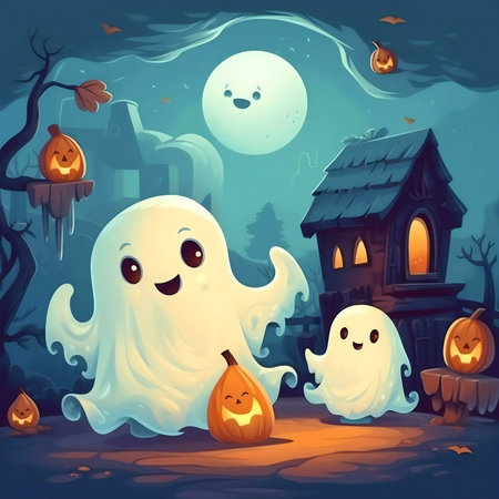 Two cute ghosts and pumpkins on Halloween night.の写真素材