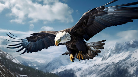 A majestic bald eagle in flight over a stunning snowy mountain range.