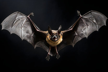 A stunning image of a flying fox bat in flight against a dark background