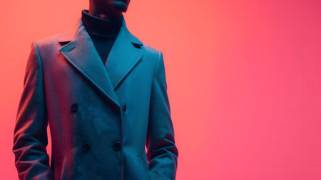 A stylish man poses in a teal double-breasted coat against a neon pink background.の写真素材