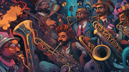A lively illustration of a jazz band playing their instruments with passion.