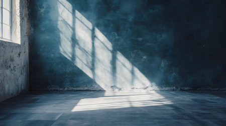 Moody sunlit industrial interior with a textured blue wall and concrete floor. Sunlight streams through a window.の写真素材