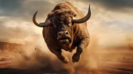 A powerful bull charges across a dusty desert landscape.の写真素材