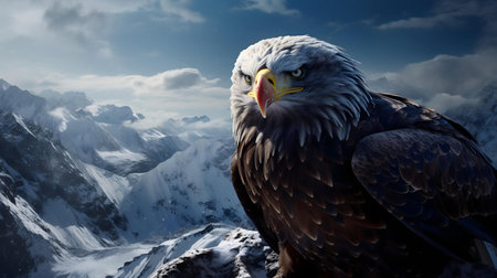 An eagle perched atop a snowy mountain peak, overlooking a vast, snow-covered landscape.