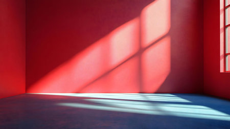 Sunlight streams into a minimalist red room, illuminating the blue floor.の写真素材