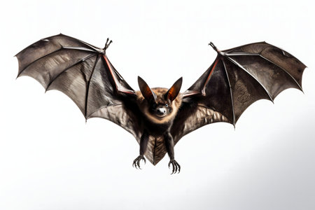 Close-up image of a flying fox bat in flight against a white backdrop.の写真素材