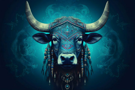 A digitally painted portrait of a bull adorned intricately with tribal patterns and turquoise...