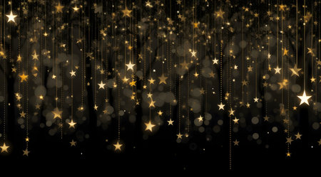 Golden stars hanging against a dark backdrop. Festive, magical feel.