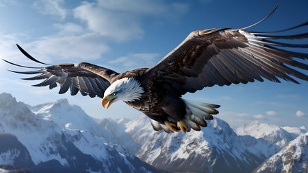 A bald eagle in majestic flight over a snow-covered mountain range.