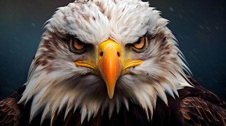 Close-up portrait of a majestic bald eagle, showing its intense gaze and intricate feathers.の写真素材