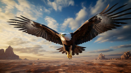 A bald eagle in majestic flight over a desert landscape at sunset.の写真素材