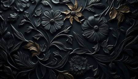 3D rendered dark floral embossment. Black and gold flower design. Intricate detailsの写真素材