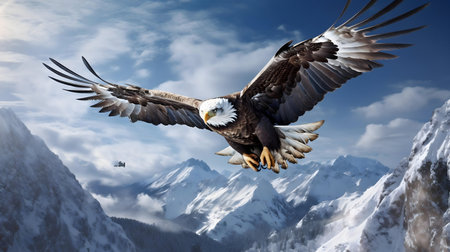 A majestic bald eagle in flight over a snow-capped mountain range.