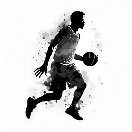 A grayscale watercolor painting of a basketball player, dynamic and full of movement.の写真素材