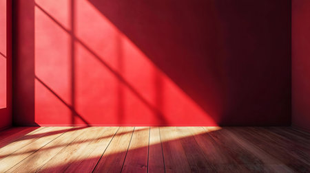 A minimalistic image of a red room with sunlight streaming through a window, illuminating the wooden floor.の写真素材