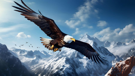 A majestic eagle in flight over a stunning snowy mountain range. Freedom and power in nature