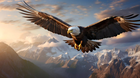 A magnificent bald eagle in flight over a breathtaking snowy mountain range during sunrise.