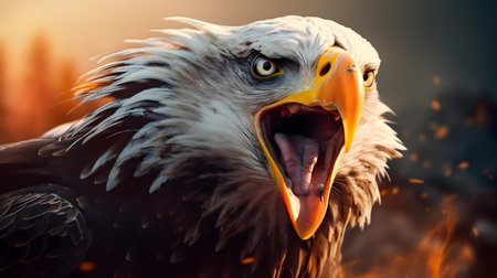 Close-up of a majestic bald eagle with open beak, set against a fiery sunset backdrop. The image conveys power and intensity.の写真素材