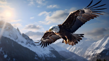 A magnificent eagle in flight over a snow-capped mountain range.の写真素材