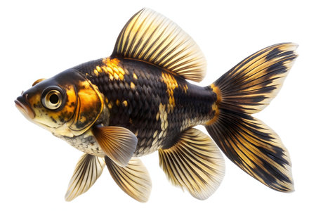 A captivating close-up of a black and gold telescope goldfish, its vibrant colors and elegant fins displayed against a pure white background.の写真素材