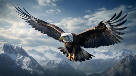 A magnificent bald eagle in flight over a stunning snowy mountain range.の写真素材