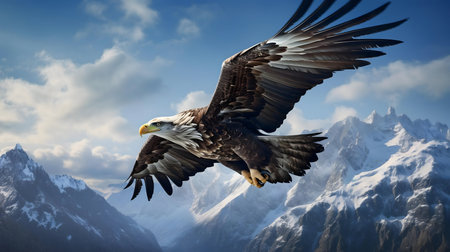 A majestic eagle in flight over a stunning snowy mountain range. Freedom, power, and the beauty of nature.の写真素材