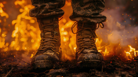 Close-up of military boots standing in fire. A powerful image of resilience.の写真素材