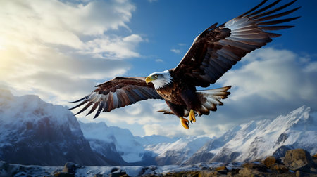 A bald eagle in majestic flight over snow-covered mountains.