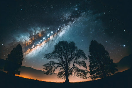 A breathtaking night scene featuring the Milky Way galaxy above silhouetted trees and a distant mountain range.の写真素材