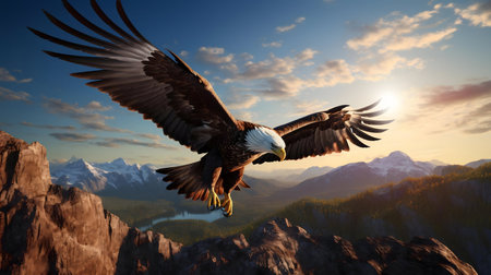 A magnificent eagle in flight over a stunning mountain range at sunset. Breathtaking scenery.
