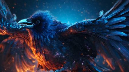 A stunning digital painting of a raven engulfed in flames.の写真素材