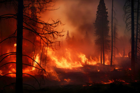 A raging wildfire consumes a forest, intense flames and smoke fill the scene.