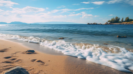 Serene beach scene with gentle waves, sunny sky and mountains in the distance.の写真素材