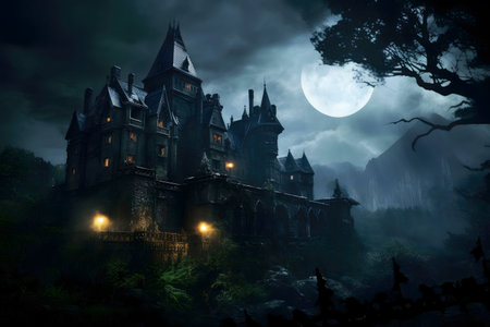 A spooky castle sits on a hill at night, illuminated by a full moon.の写真素材
