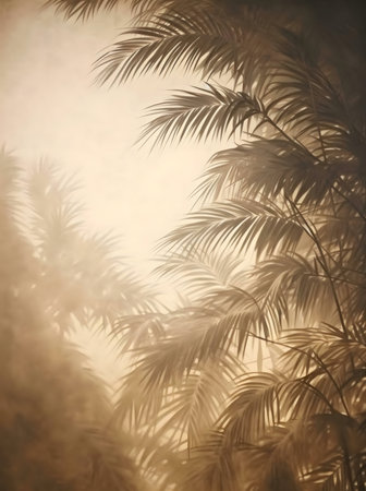 Serene golden hour image of tropical palm leaves. Lush and exotic.の写真素材