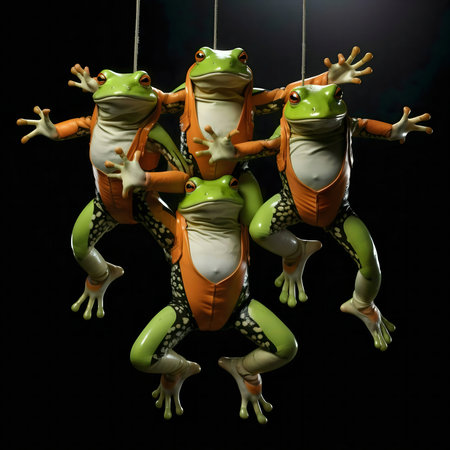 Four green frogs in orange jumpsuits are hanging against a black background. The image is a creative and unique still-life.の写真素材