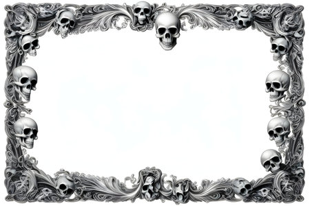 Elegant skull frame with decorative scrolls. Perfect for gothic designs.の写真素材
