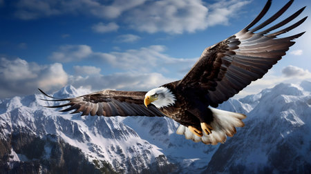 A bald eagle in flight over a majestic snowy mountain range.の写真素材