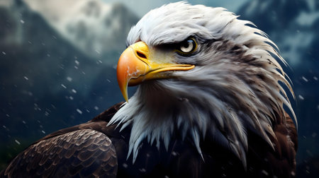 A stunning close-up of a Bald Eagle during a winter storm, showing its majestic presence.