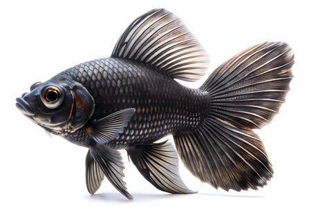 Close-up of a black moor goldfish, showing its elegant fins and scales.の写真素材