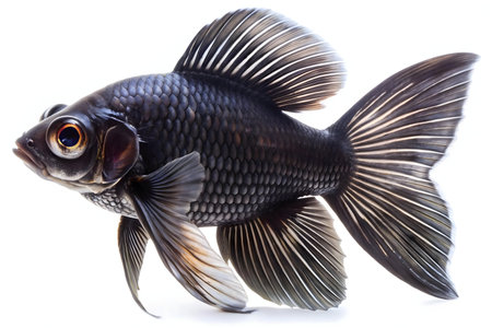 A stunning black moor goldfish, showing its intricate fins and scales against a clean white background.の写真素材