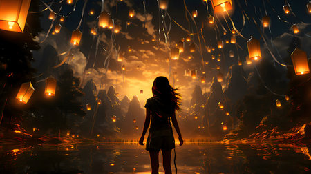 A girl stands before a breathtaking display of floating lanterns at night.の写真素材